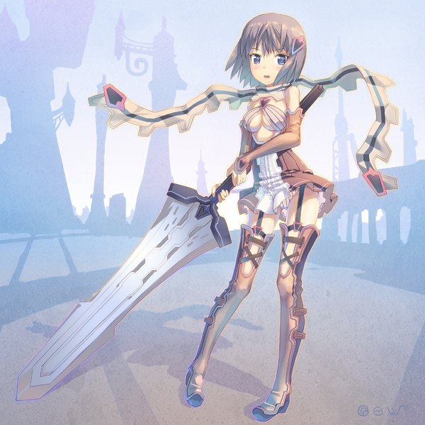 Anime picture 1100x1100 with original tougetsu gou single short hair blue eyes black hair girl weapon sword scarf thigh boots huge weapon