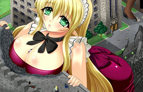 Anime picture 1000x642 with saju (artist) long hair blush breasts light erotic blonde hair green eyes pointy ears huge breasts city giant girl dress headdress bowtie maid headdress