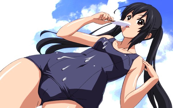 Anime picture 1920x1200 with k-on! kyoto animation nakano azusa p496 (artist) single long hair highres light erotic black hair brown hair wide image twintails girl swimsuit food sweets one-piece swimsuit ice cream school swimsuit cream