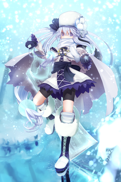 Anime picture 995x1491 with original pen (pixiv257621) single long hair tall image looking at viewer fringe hair between eyes standing purple eyes purple hair bent knee (knees) snowing reflection winter lacing girl thighhighs dress gloves
