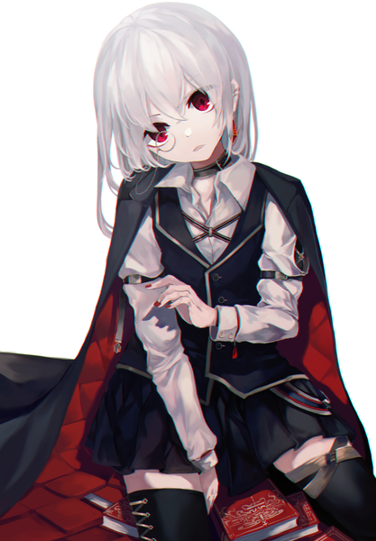 Anime picture 1251x1800 with original roa (ogami ren) ogami ren single long hair tall image looking at viewer fringe open mouth simple background hair between eyes red eyes white background sitting payot silver hair long sleeves nail polish head tilt pleated skirt
