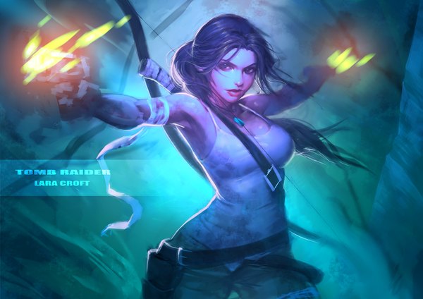 Anime picture 1415x1000 with tomb raider lara croft single long hair breasts black hair looking away ponytail lips girl weapon gun blood fire bow (weapon) fanny pack