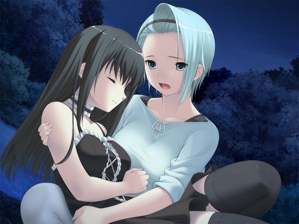 イラスト 1024x768 と フローライトメモリーズ 長髪 短い髪 青い目 黒髪 multiple girls 青い髪 game cg 女の子 ストッキング ドレス 黒ストッキング 2人女子 黒いドレス