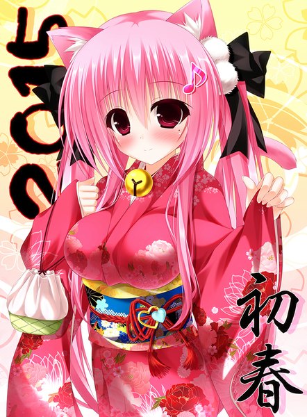 Anime picture 802x1089 with original yunagi amane single long hair tall image red eyes animal ears pink hair tail traditional clothes japanese clothes animal tail light smile cat ears cat girl cat tail girl bow hair bow kimono