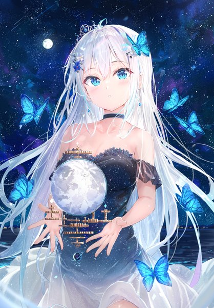 Anime picture 2610x3745 with original na kyo single long hair tall image looking at viewer fringe highres breasts blue eyes hair between eyes standing cleavage silver hair outdoors parted lips wind off shoulder night night sky