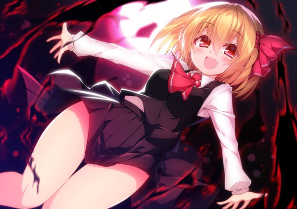 Anime picture 1169x827 with touhou rumia sakurame single blush fringe short hair open mouth light erotic blonde hair hair between eyes red eyes pleated skirt fang (fangs) thighs spread arms girl skirt ribbon (ribbons) hair ribbon