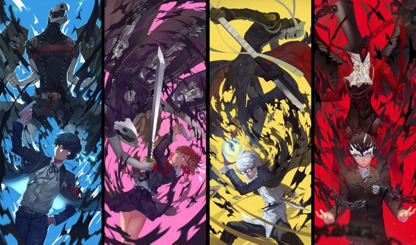 Anime picture 2508x1476 with persona 5 persona 4 persona 3 persona amamiya ren narukami yuu seta souji female protagonist (p3) izanagi arsene (persona 5) thanatos (persona) nanaya (daaijianglin) looking at viewer fringe highres short hair blue eyes blonde hair wide image holding