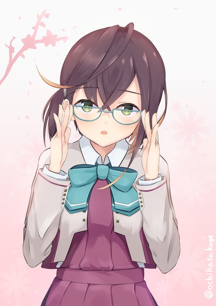 Anime picture 986x1400 with kantai collection okinami (kantai collection) ochikata kage single tall image looking at viewer blush fringe short hair open mouth hair between eyes brown hair green eyes signed upper body twitter username gradient background adjusting glasses remodel (kantai collection) girl