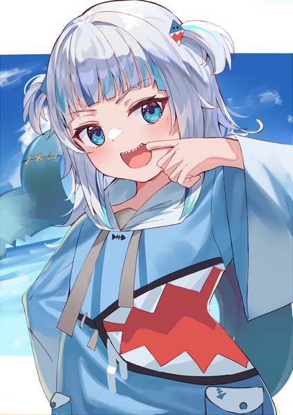 Anime picture 636x900 with virtual youtuber hololive hololive english gawr gura gawr gura (1st costume) aroa (aroamoyasi) single long hair tall image looking at viewer fringe open mouth blue eyes silver hair tail blunt bangs :d multicolored hair teeth two side up