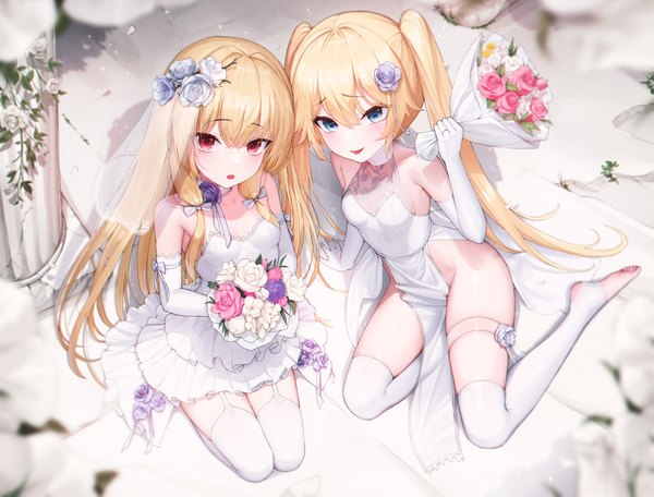 Anime picture 5117x3888 with last origin thetis (last origin) sirene (last origin) yjs0803123 long hair looking at viewer blush fringe highres open mouth light erotic blonde hair smile hair between eyes red eyes sitting twintails bare shoulders multiple girls holding