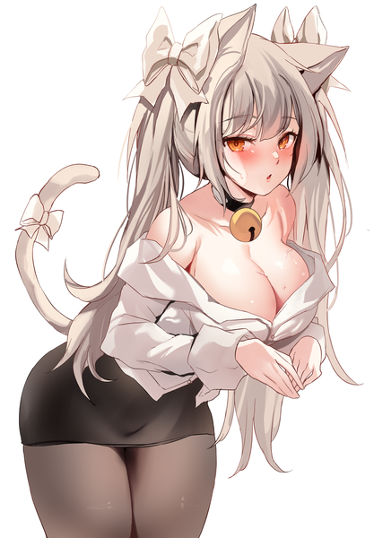 Anime picture 3200x4601 with original zerocat single long hair tall image looking at viewer blush fringe highres breasts open mouth light erotic simple background large breasts standing white background twintails bare shoulders animal ears payot