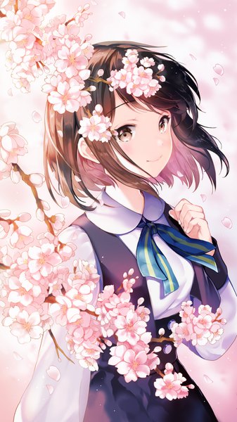 Anime picture 768x1366 with original sibyl single tall image looking at viewer blush fringe short hair smile brown hair standing brown eyes upper body outdoors long sleeves arm up wind blurry cherry blossoms girl