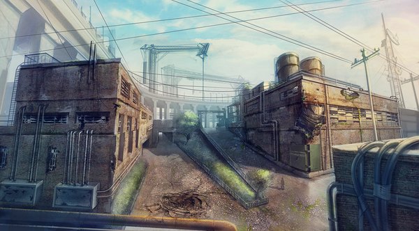 Anime picture 1000x554 with original pa-go wide image sky cloud (clouds) cityscape no people plant (plants) tree (trees) building (buildings) bridge power lines road crane water pipe