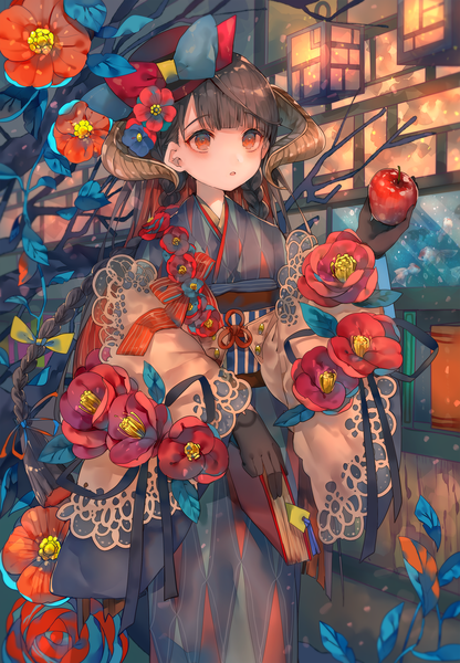 Anime picture 1387x2000 with original cha goma single long hair tall image blush fringe black hair red eyes holding looking away blunt bangs braid (braids) traditional clothes japanese clothes horn (horns) :o twin braids surprised girl