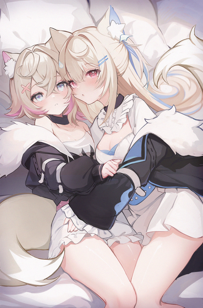 Anime picture 1399x2126 with virtual youtuber hololive hololive english mococo abyssgard fuwawa abyssgard mococo abyssgard (1st costume) fuwawa abyssgard (1st costume) koahri long hair tall image looking at viewer blush fringe short hair blonde hair hair between eyes red eyes multiple girls animal ears tail