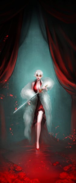 Anime picture 750x1800 with original pixiv fantasia pixiv fantasia fallen kings sasama keiji single tall image looking at viewer fringe short hair breasts holding cleavage nail polish fingernails lips legs lipstick red lipstick walking girl