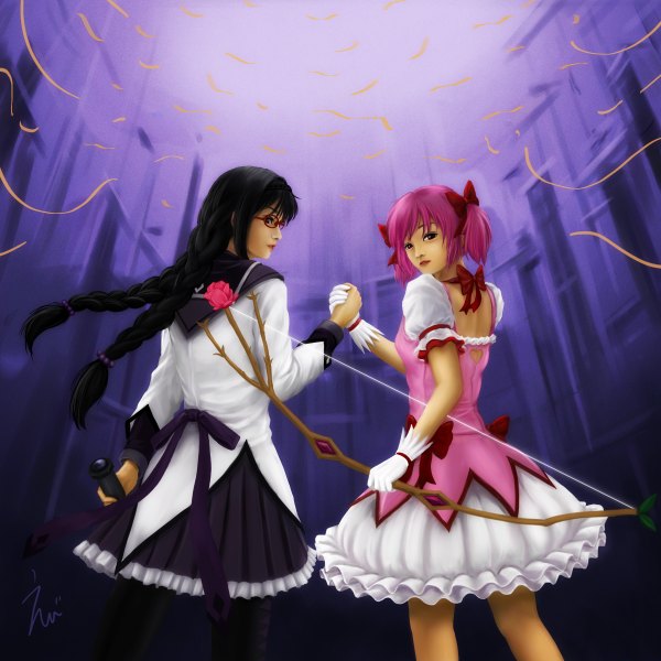 Anime picture 2400x2400 with mahou shoujo madoka magica shaft (studio) akemi homura kaname madoka ebi (eeotoko) long hair highres short hair black hair red eyes multiple girls pink hair braid (braids) realistic girl dress gloves bow 2 girls hair bow