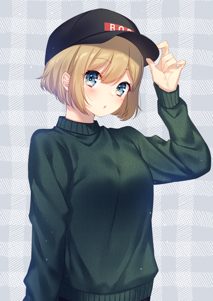 Anime picture 708x1000 with original moyui (myi 005) single tall image looking at viewer blush fringe short hair breasts open mouth blue eyes simple background blonde hair hair between eyes standing upper body long sleeves :o adjusting hat plaid