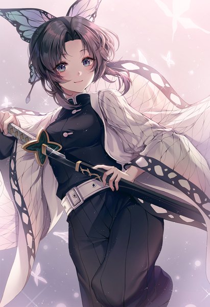 Anime picture 1200x1749 with kimetsu no yaiba ufotable kochou shinobu ttosom single tall image looking at viewer blush fringe short hair black hair smile standing purple eyes holding payot long sleeves traditional clothes japanese clothes multicolored hair