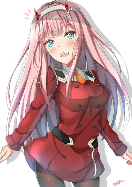 Anime picture 1000x1414 with darling in the franxx studio trigger zero two (darling in the franxx) sunsun2812 single long hair tall image looking at viewer blush fringe open mouth simple background standing white background signed payot looking away pink hair blunt bangs head tilt