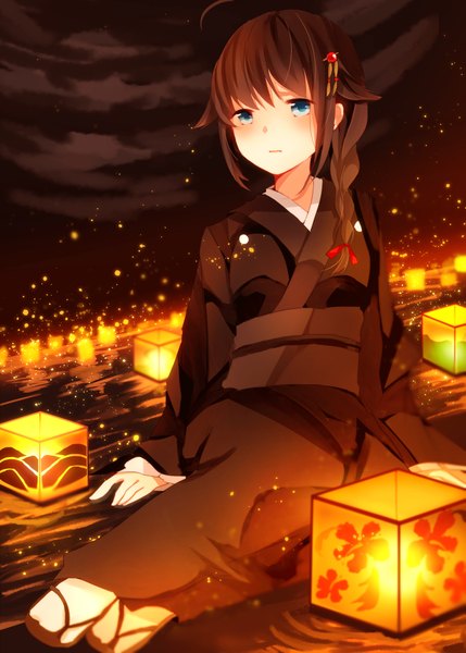 Anime picture 2961x4142 with kantai collection shigure destroyer kumahara (artist) single long hair tall image looking at viewer highres blue eyes brown hair braid (braids) traditional clothes japanese clothes girl hair ornament kimono obi lamp