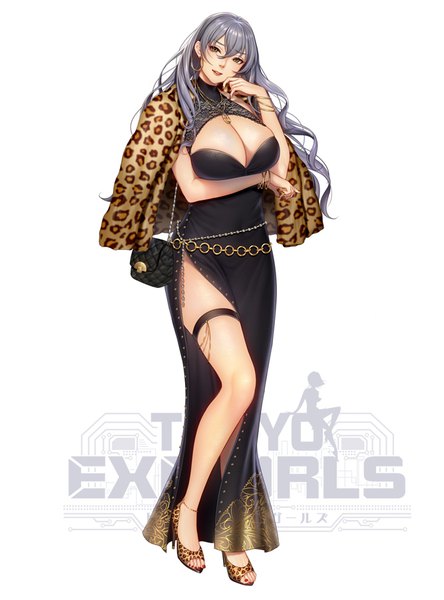 Anime picture 667x900 with tokyo exe girls masami chie single long hair tall image looking at viewer fringe breasts light erotic hair between eyes large breasts white background brown eyes cleavage full body grey hair inscription official art copyright name side slit