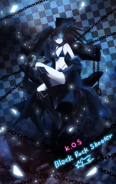 Anime picture 1482x2348 with black rock shooter black rock shooter (character) songjikyo single tall image looking at viewer breasts blue eyes blue hair very long hair legs copyright name glowing flat chest glowing eye (eyes) girl boots lingerie bra thigh boots