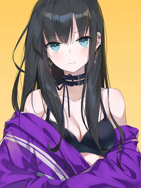 Anime picture 700x934 with original emyo single long hair tall image looking at viewer blush fringe breasts blue eyes light erotic black hair simple background bare shoulders yellow eyes payot cleavage upper body off shoulder piercing