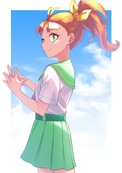 Anime picture 1080x1528 with precure tropical-rouge! precure toei animation natsuumi manatsu ishidai single long hair tall image looking at viewer smile standing green eyes sky cloud (clouds) pleated skirt orange hair side ponytail border outside border fingers together