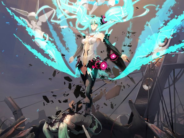 Anime picture 1600x1200 with vocaloid vocaloid append hatsune miku hatsune miku (append) tsunekun long hair twintails green eyes blue hair aqua hair destruction girl thighhighs gloves elbow gloves wire (wires) torn thighhighs mecha speakers