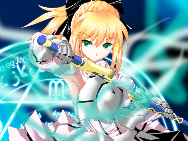 Anime picture 3376x2533 with fate (series) fate/stay night studio deen type-moon artoria pendragon (all) saber tagme (artist) single fringe highres short hair blonde hair hair between eyes green eyes absurdres unsheathing girl weapon sword armor
