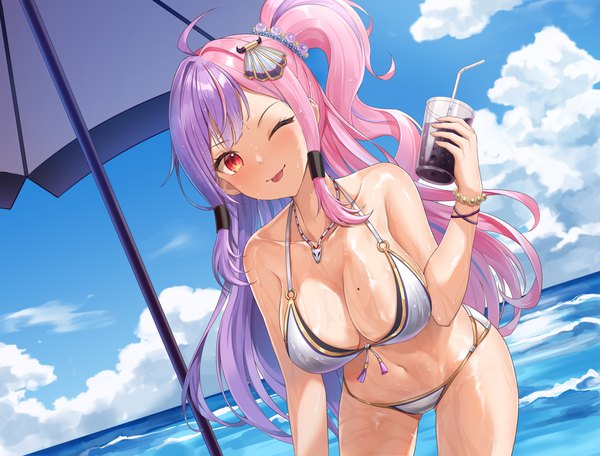 Anime picture 4355x3308 with virtual youtuber indie virtual youtuber mayoi (vtuber) lunacle single long hair looking at viewer fringe highres breasts light erotic smile red eyes large breasts standing holding payot pink hair absurdres sky