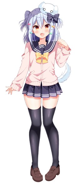 Anime picture 1000x2222 with virtual youtuber noripro inuyama tamaki tsukudani norio single tall image looking at viewer blush fringe short hair open mouth simple background smile hair between eyes standing white background yellow eyes silver hair full body tail