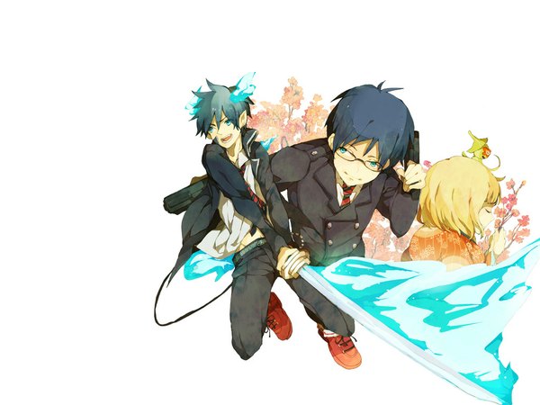 Anime picture 1024x768 with ao no exorcist a-1 pictures okumura rin okumura yukio moriyama shiemi nii (ao no exorcist) short hair open mouth blue eyes black hair simple background blonde hair smile white background tail eyes closed traditional clothes pointy ears multiple boys glowing