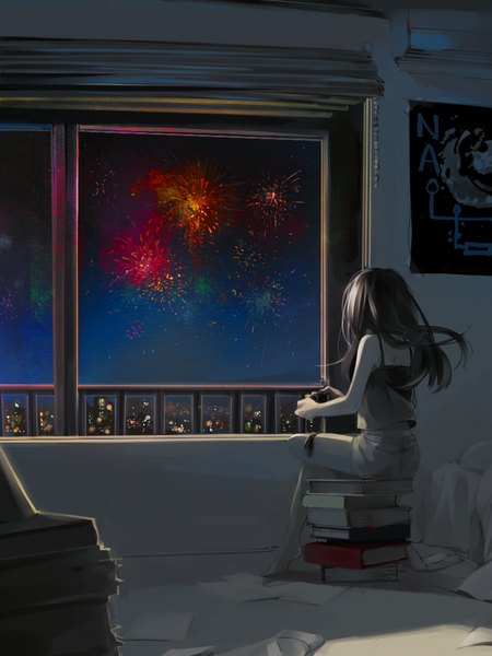 Anime picture 800x1066 with original 249 single long hair tall image black hair sitting bare shoulders holding signed bent knee (knees) indoors barefoot wind from behind night bare legs night sky sleeveless crossed legs