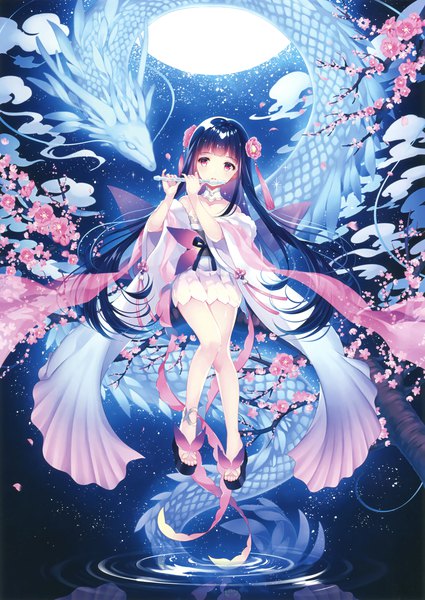 Anime picture 2125x3000 with original eshi 100-nin ten wasabi (sekai) single long hair tall image looking at viewer fringe highres black hair bare shoulders cloud (clouds) full body blunt bangs traditional clothes japanese clothes pink eyes hair flower scan wide sleeves