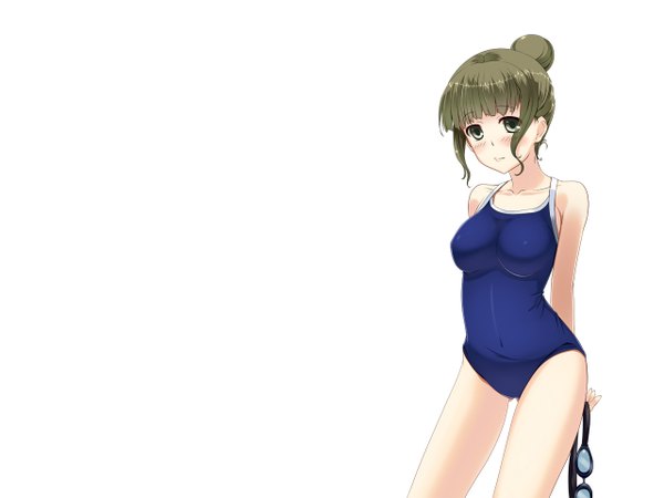 Anime picture 1280x960 with hanasaku iroha p.a. works oshimizu nako single blush short hair light erotic black hair simple background white background brown eyes girl swimsuit goggles