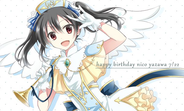 Anime picture 1200x728 with love live! school idol project sunrise (studio) love live! yazawa nico tm-pika single looking at viewer short hair open mouth black hair red eyes wide image twintails dutch angle character names short twintails polka dot happy birthday polka dot background mmm