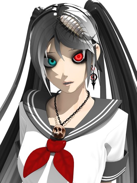 Anime picture 1125x1500 with vocaloid bacterial contamination (vocaloid) hatsune miku deino long hair tall image looking at viewer black hair simple background white background twintails heterochromia girl hair ornament earrings serafuku pendant skull