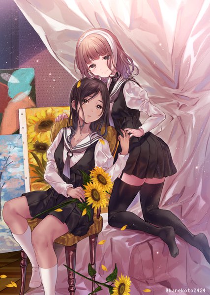 Anime picture 900x1265 with original hanekoto long hair tall image looking at viewer blush fringe short hair open mouth smile brown hair sitting multiple girls brown eyes signed blunt bangs no shoes twitter username kneeling dark skin