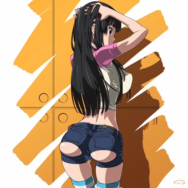 Anime picture 1200x1200 with k-on! kyoto animation akiyama mio suna (artist) single long hair fringe highres light erotic black hair standing purple eyes ass blunt bangs looking back from behind arms up shadow midriff torn clothes