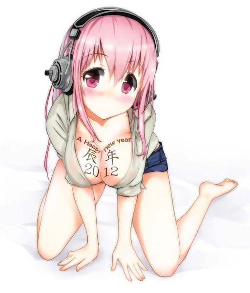 Anime picture 1060x1243 with nitroplus super sonico masamuuu single long hair tall image looking at viewer blush breasts light erotic simple background red eyes large breasts white background pink hair barefoot happy new year girl shirt shorts