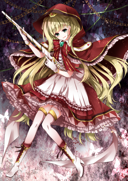 Anime picture 1000x1414 with original an-mar (tukumoooon) single long hair tall image blonde hair smile green eyes girl dress gloves hair ornament weapon plant (plants) white gloves gun insect butterfly chain crown