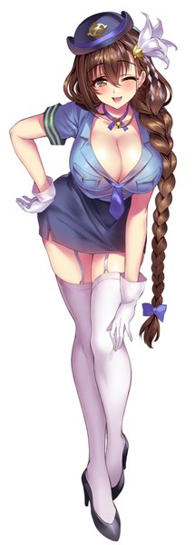 Anime picture 815x2273 with kanpani girls shirayuri sakura senri gan single tall image looking at viewer blush fringe breasts open mouth light erotic simple background smile hair between eyes brown hair large breasts white background cleavage full body braid (braids)