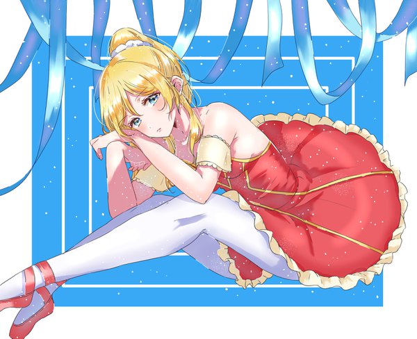 Anime picture 1450x1181 with love live! school idol project sunrise (studio) love live! ayase eli kaisou (0731waka) single long hair looking at viewer blush fringe blue eyes blonde hair simple background hair between eyes sitting bare shoulders full body bent knee (knees) ponytail leaning