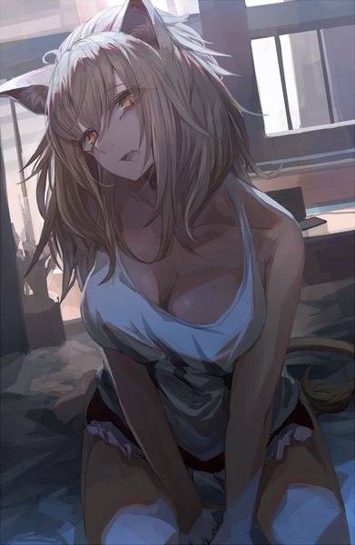 Anime picture 1304x2000 with arknights siege (arknights) miyabino (miyabi1616) single long hair tall image looking at viewer fringe breasts open mouth light erotic blonde hair hair between eyes large breasts sitting animal ears cleavage full body ahoge indoors