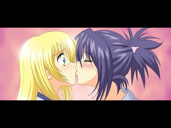 Anime picture 1024x768 with tales of (series) tales of symphonia collet brunel sheena fujibayashi long hair blush short hair blue eyes blonde hair multiple girls eyes closed profile letterboxed close-up face to face kiss girl 2 girls