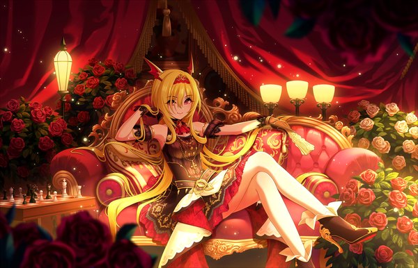 Anime picture 1280x824 with idolmaster idolmaster cinderella girls idolmaster cinderella girls starlight stage kurosaki chitose annindoufu (oicon) single looking at viewer fringe blonde hair smile red eyes sitting bent knee (knees) very long hair arm up light smile hair over one eye official art bare legs high heels