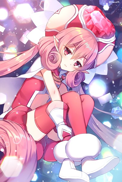 Anime picture 600x888 with princess connect! re:dive princess connect! neneka (princess connect!) mauve single tall image looking at viewer fringe hair between eyes twintails signed pink hair very long hair pink eyes pointy ears twitter username low twintails drill hair girl thighhighs