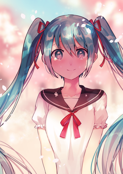 Anime picture 1748x2480 with vocaloid hatsune miku spring miku tiny (tini3030) single long hair tall image blush fringe highres smile hair between eyes twintails upper body aqua eyes blurry aqua hair cherry blossoms spring girl